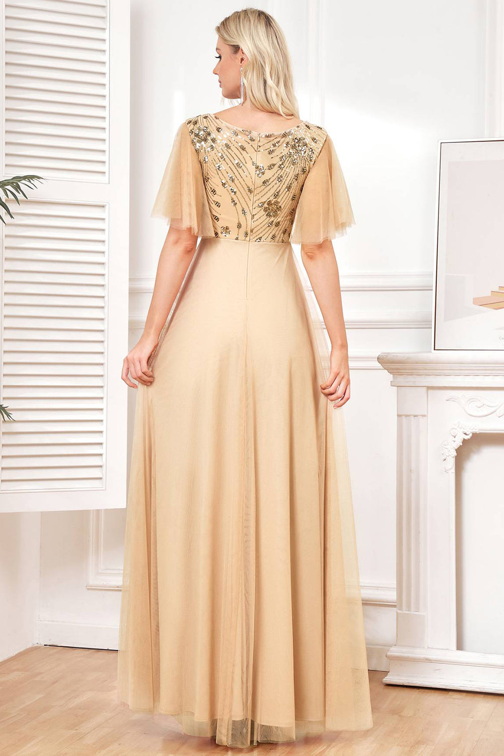 Sparkly Champagne A Line Sequins Tulle Floor-Length Dress with Bat Sleeves