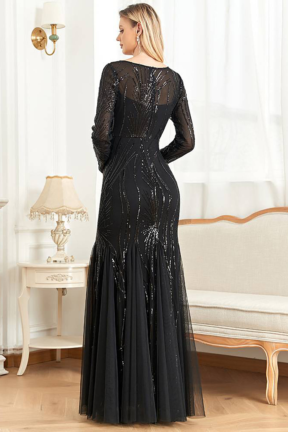 Black Mermaid Sequins Long Formal Dress With Long Sleeves