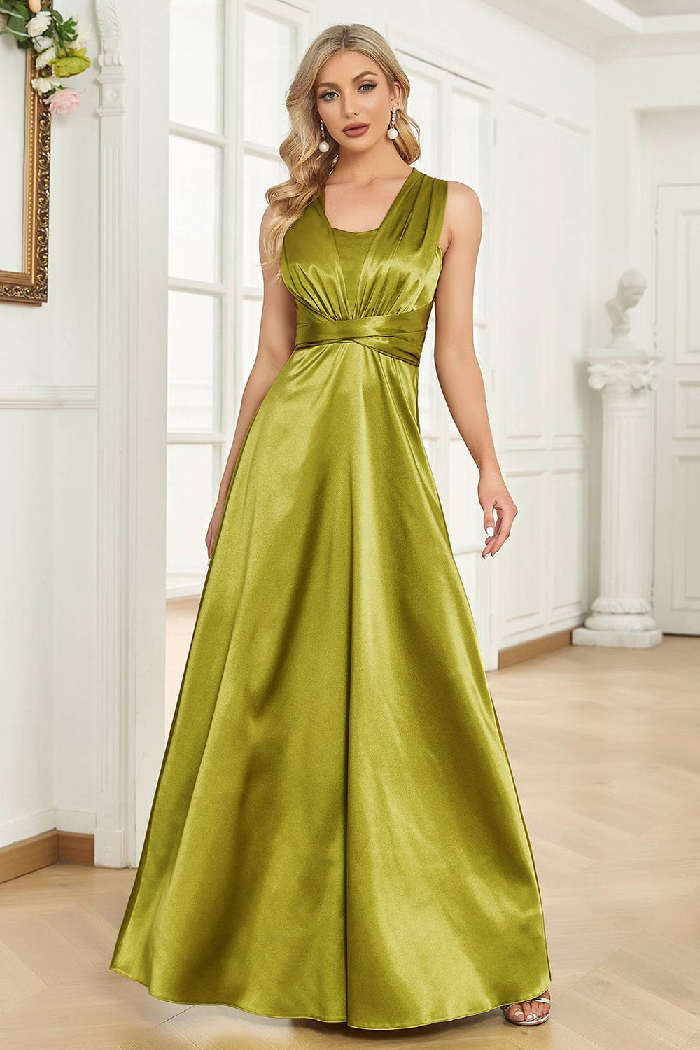 Green A Line Halter Satin Formal Dress with Pleated