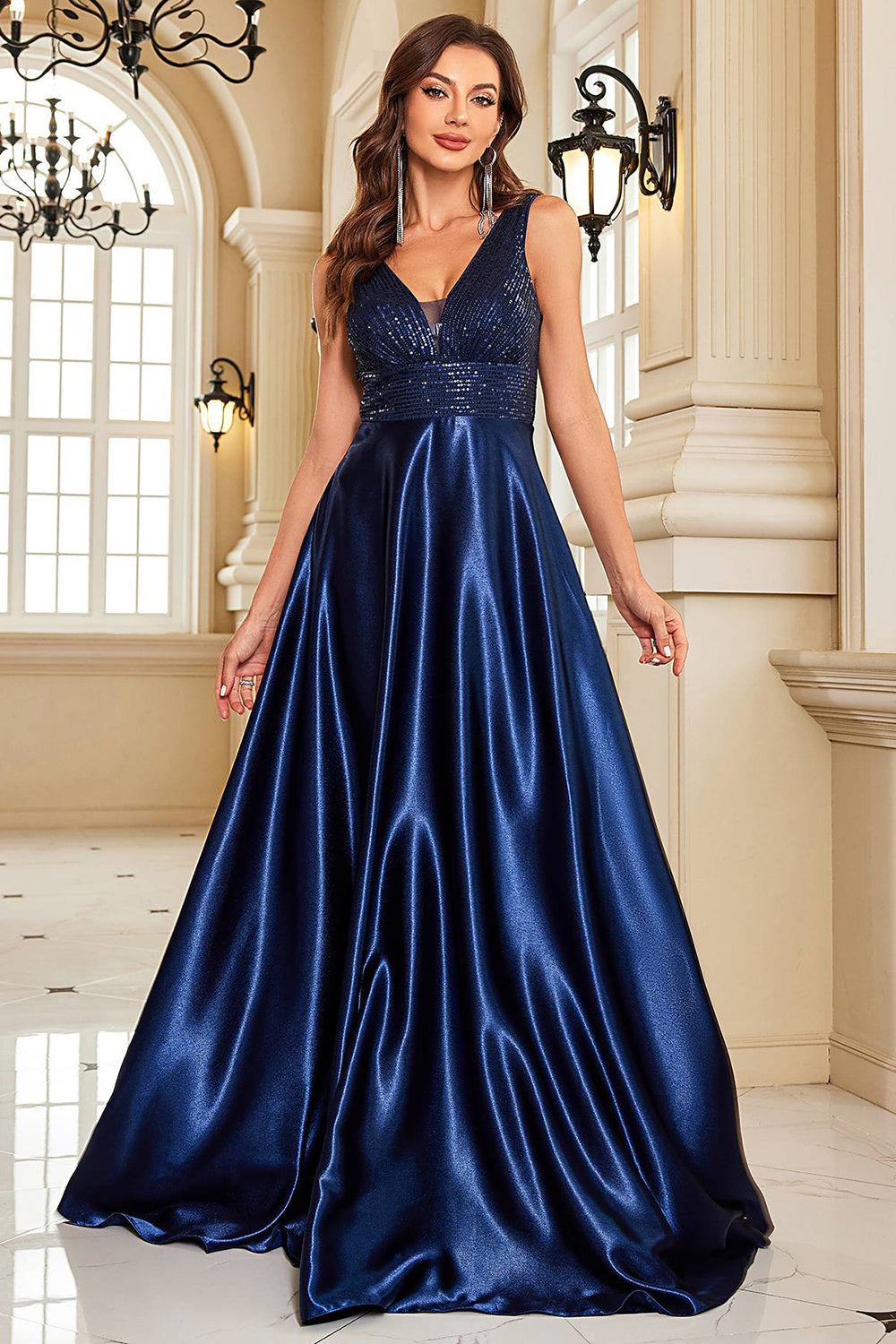 Sparkly Navy A-Line V-Neck Sequins Satin Formal Dress with Pockets