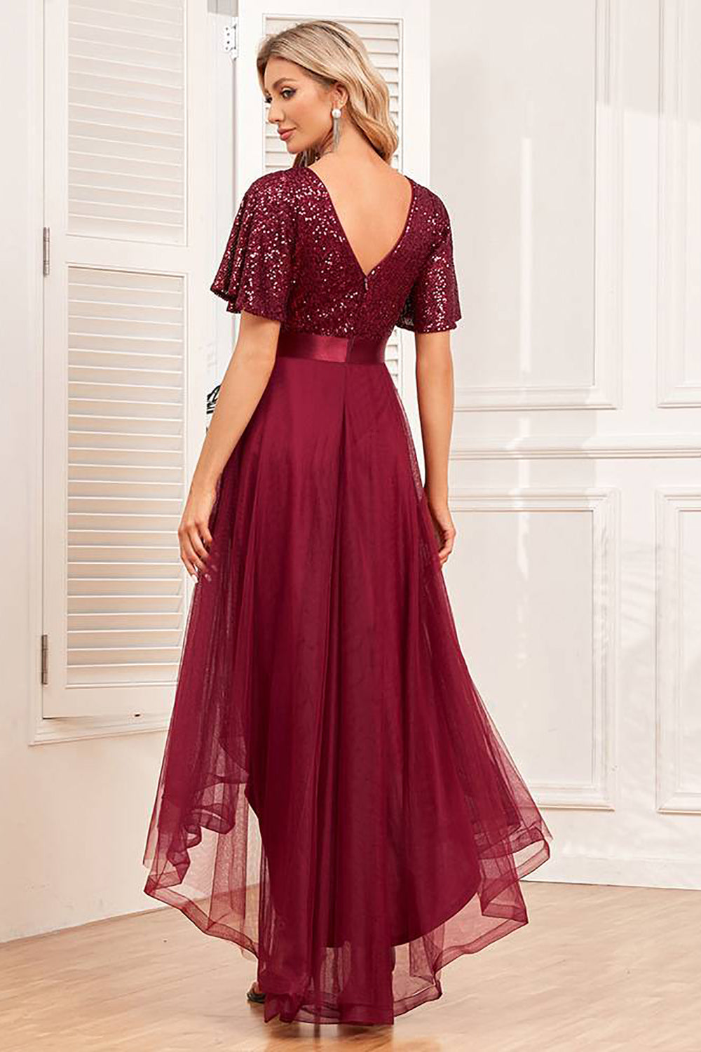 Burgundy A-Line High-Low Formal Dress with Sequins