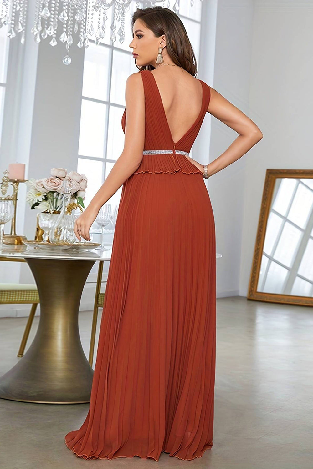 Brick Red A-Line Deep V-Neck Pleated Floor-Length Dress With Beading