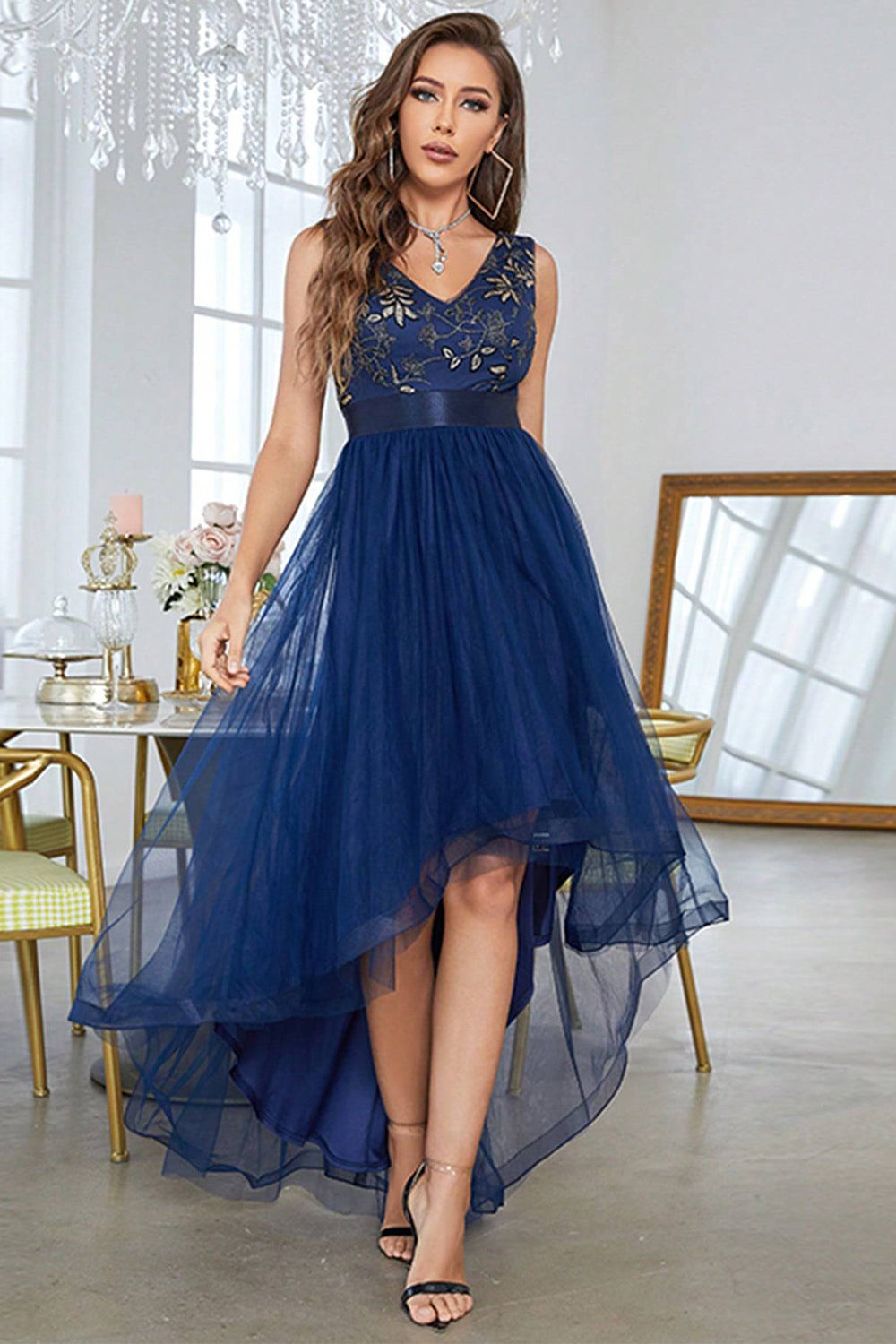 Asymmetrical A-Line V-Neck Dark Blue Prom Dress With Sleeveless