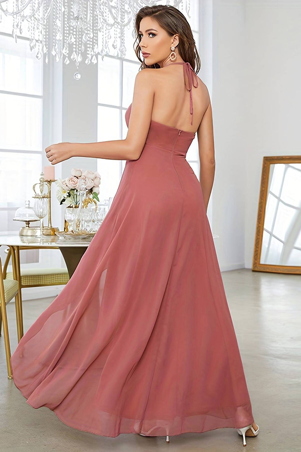 Coral A-Line Asymmetrical Halter Prom Dress With Sleeveless