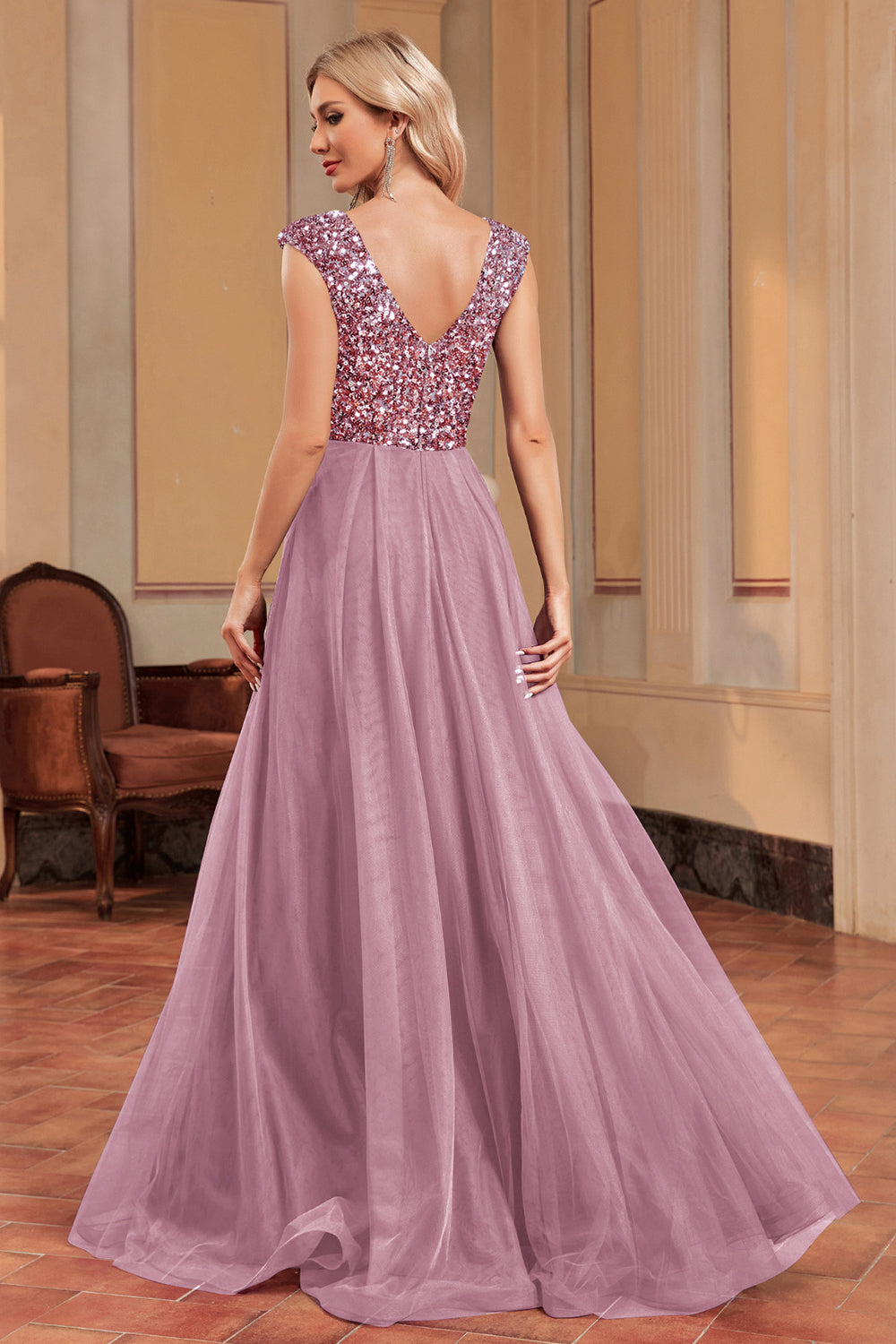 A Line Pink Tulle Sparkly Formal Dress with Sequins