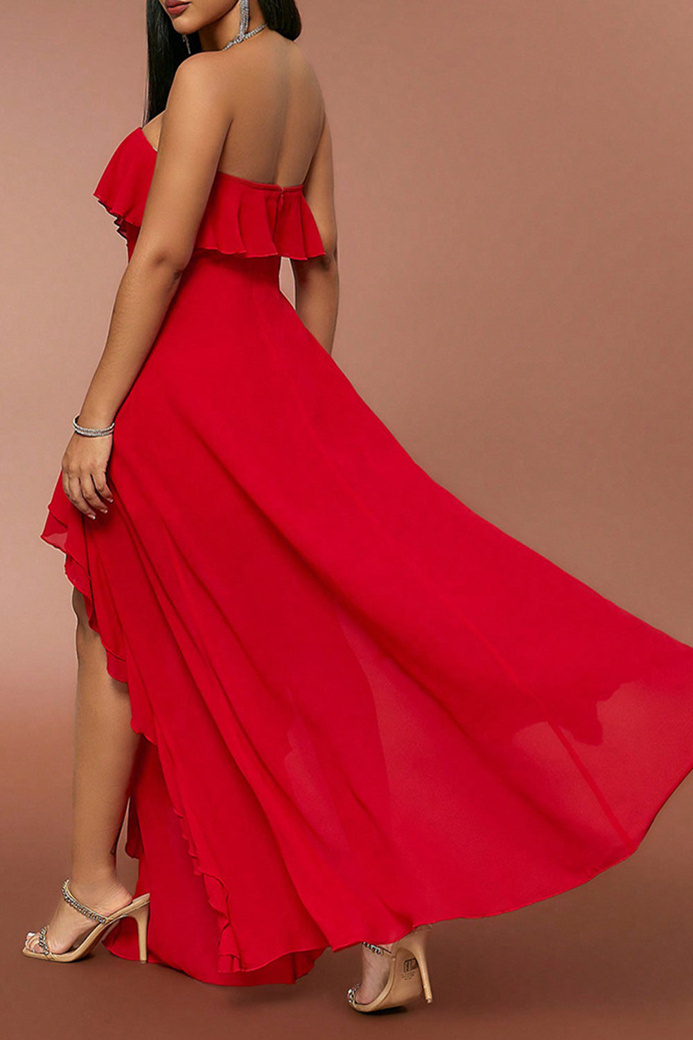 Red A Line Strapless Long Prom Dress with Ruffles