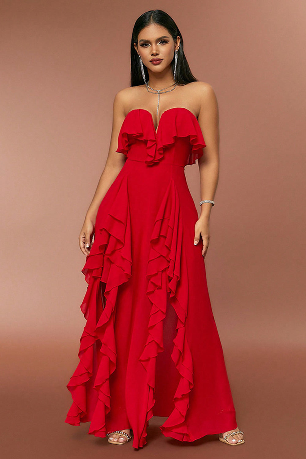 Red A Line Strapless Long Prom Dress with Ruffles