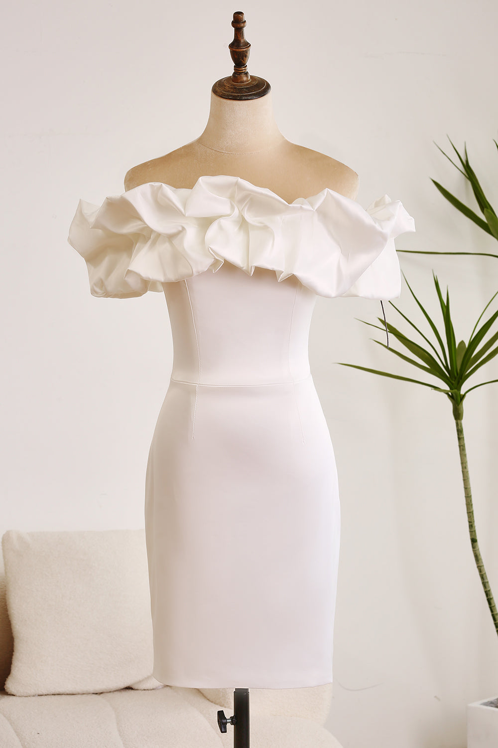 Classy Off The Shoulder Meringue Ruffle Bodycon White Short Graduation Dress