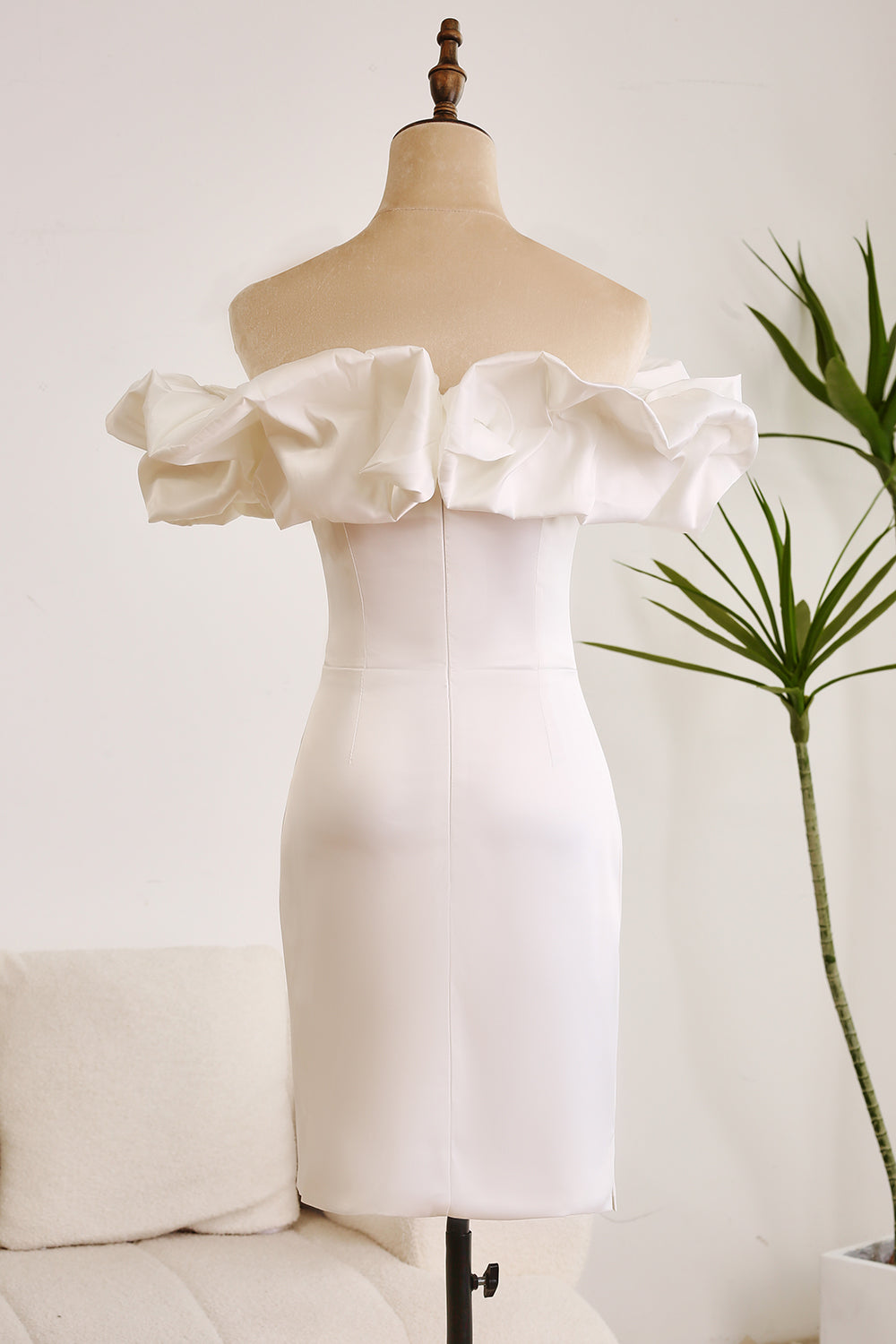 Classy Off The Shoulder Meringue Ruffle Bodycon White Short Graduation Dress