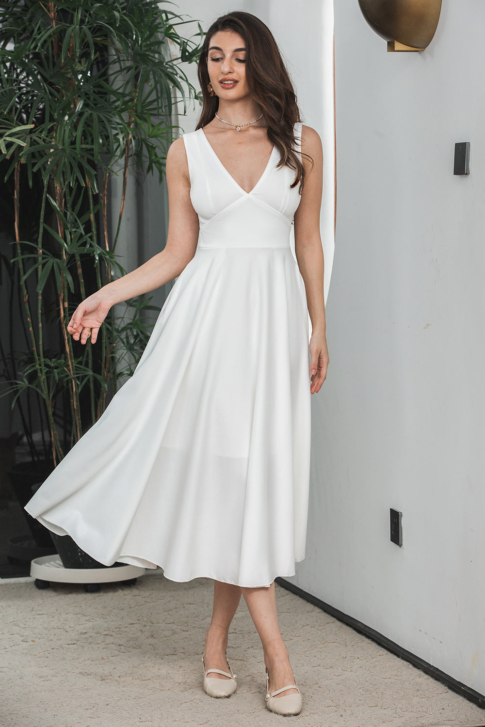 Simple White A Line V Neck Backless Long Graduation Dress With Pocket