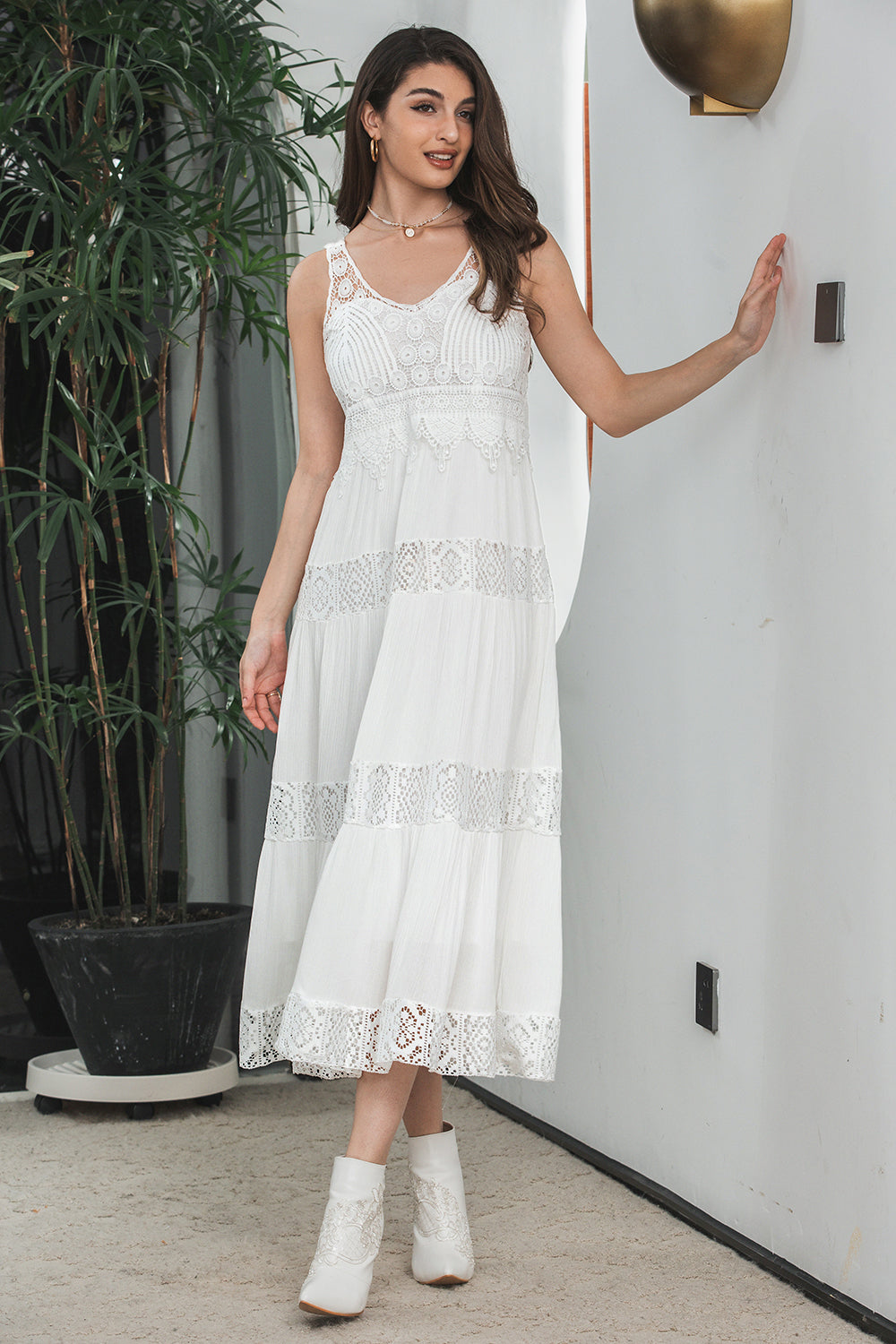 Simple White Sleeveless Boho Beach Graduation Dress With Lace