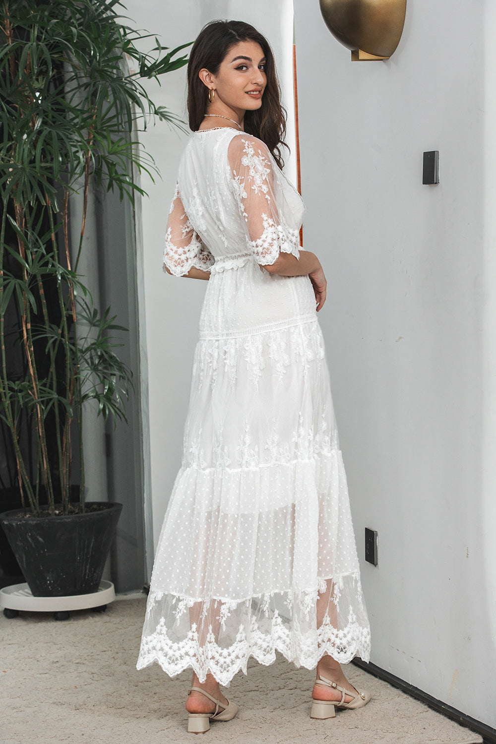 Simple White Lace Holiday Boho Beach Graduation Dress With Short Sleeves