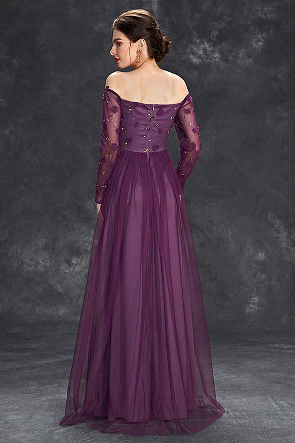 Tulle Off The Shoulder Dark Purple Formal Dress with Sleeves