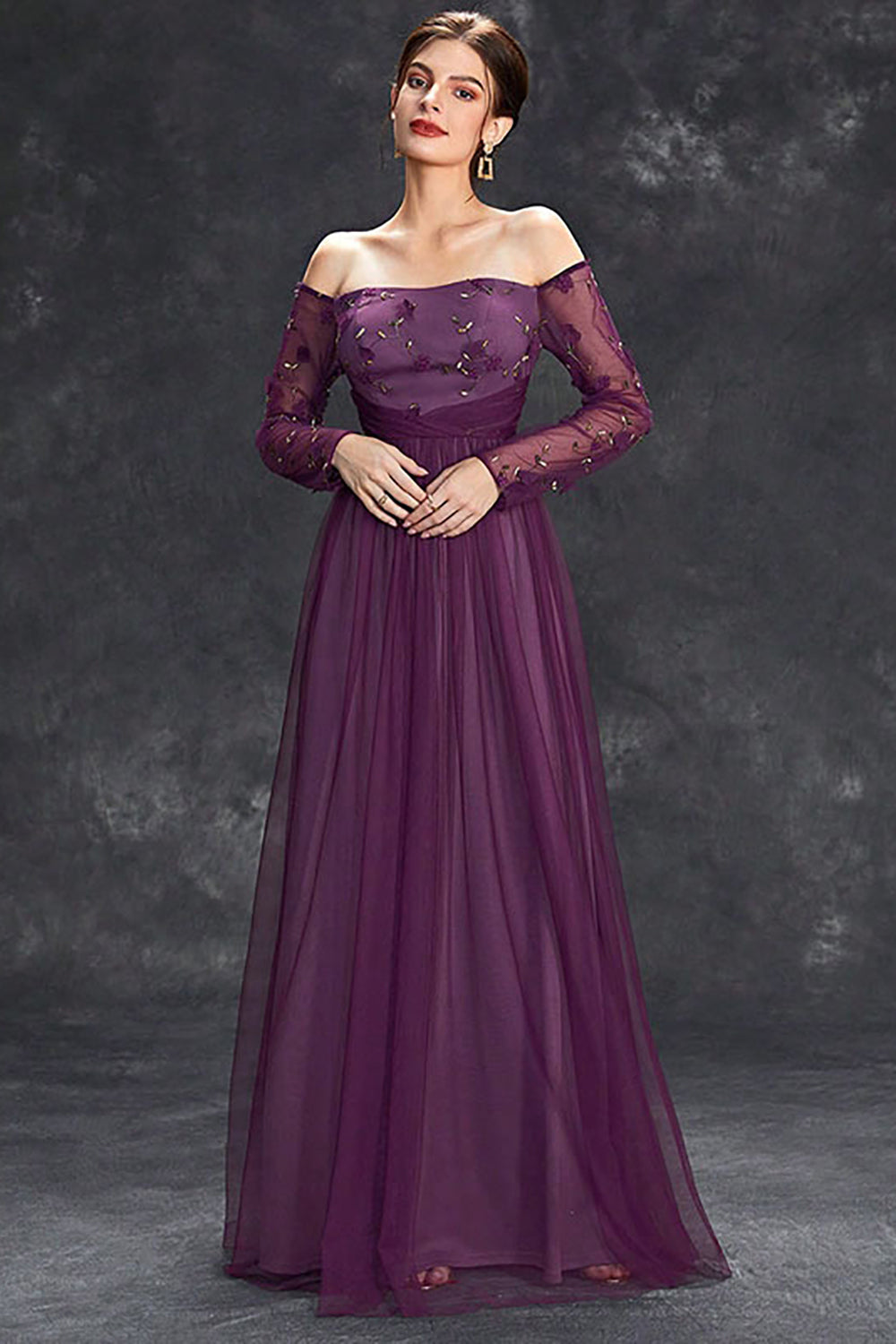 Tulle Off The Shoulder Dark Purple Formal Dress with Sleeves