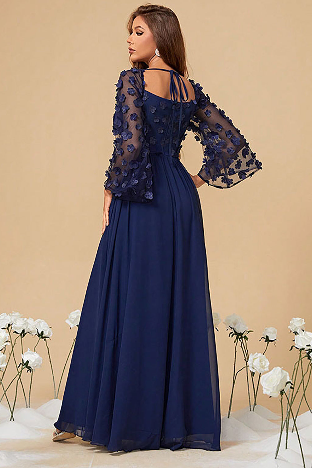 A Line Corset Long Navy Corset Formal Dress With Long Sleeves