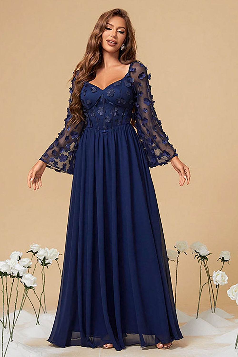 A Line Corset Long Navy Corset Formal Dress With Long Sleeves