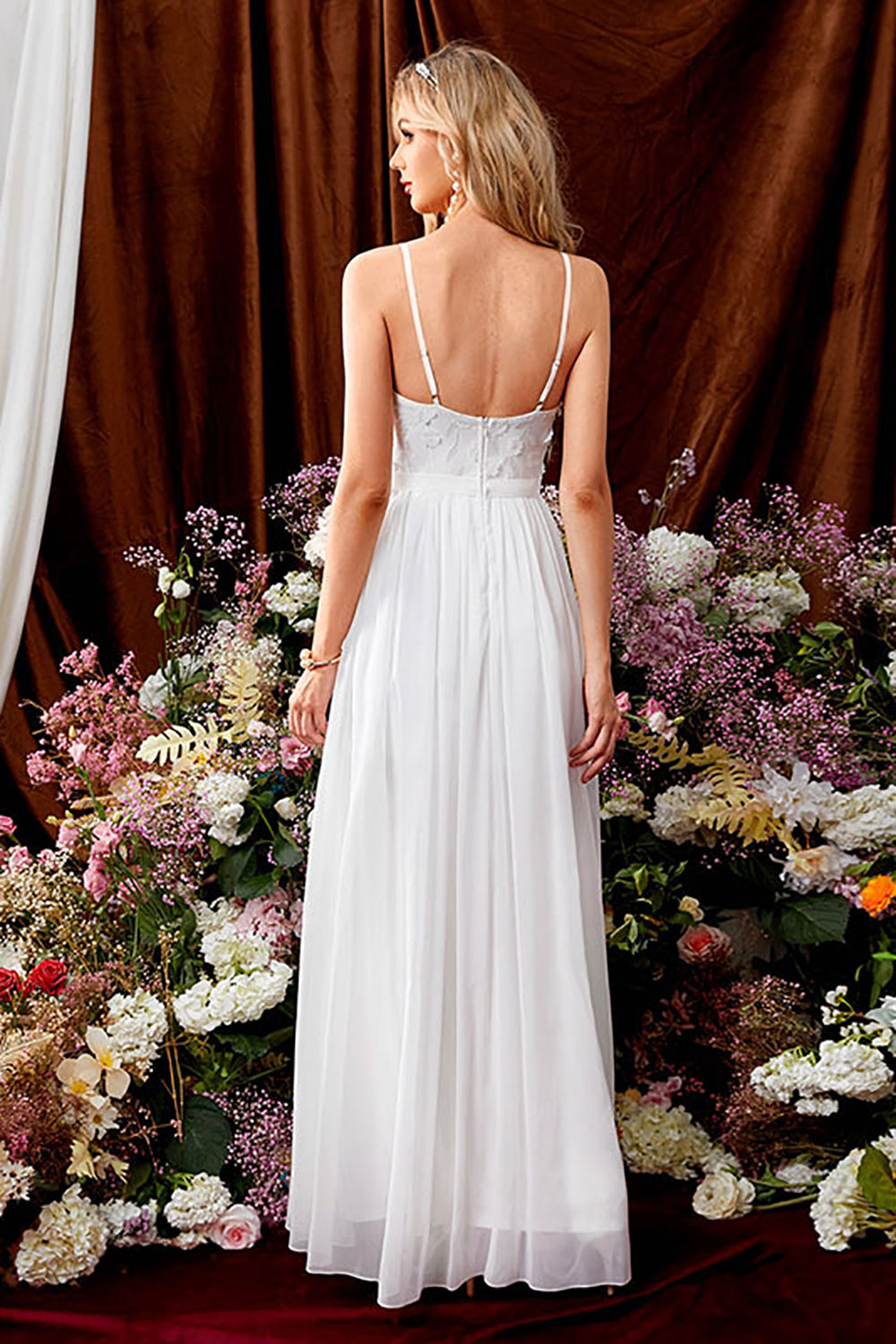 White A Line Spaghetti Straps Appliques Wedding Dresses With Slit