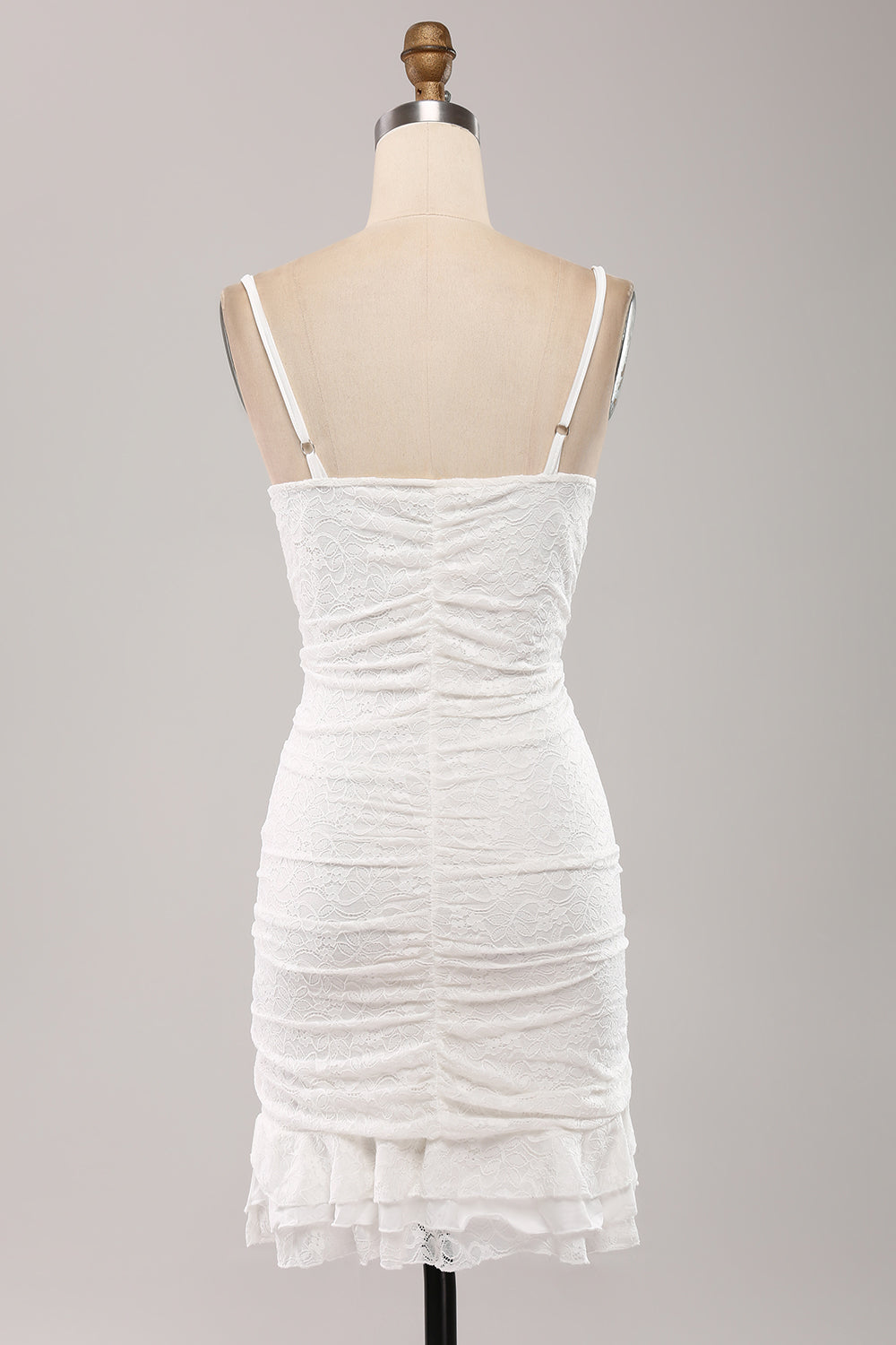 Classy Bodycon Spaghetti Straps Pleated White Short Graduation Dress With Lace