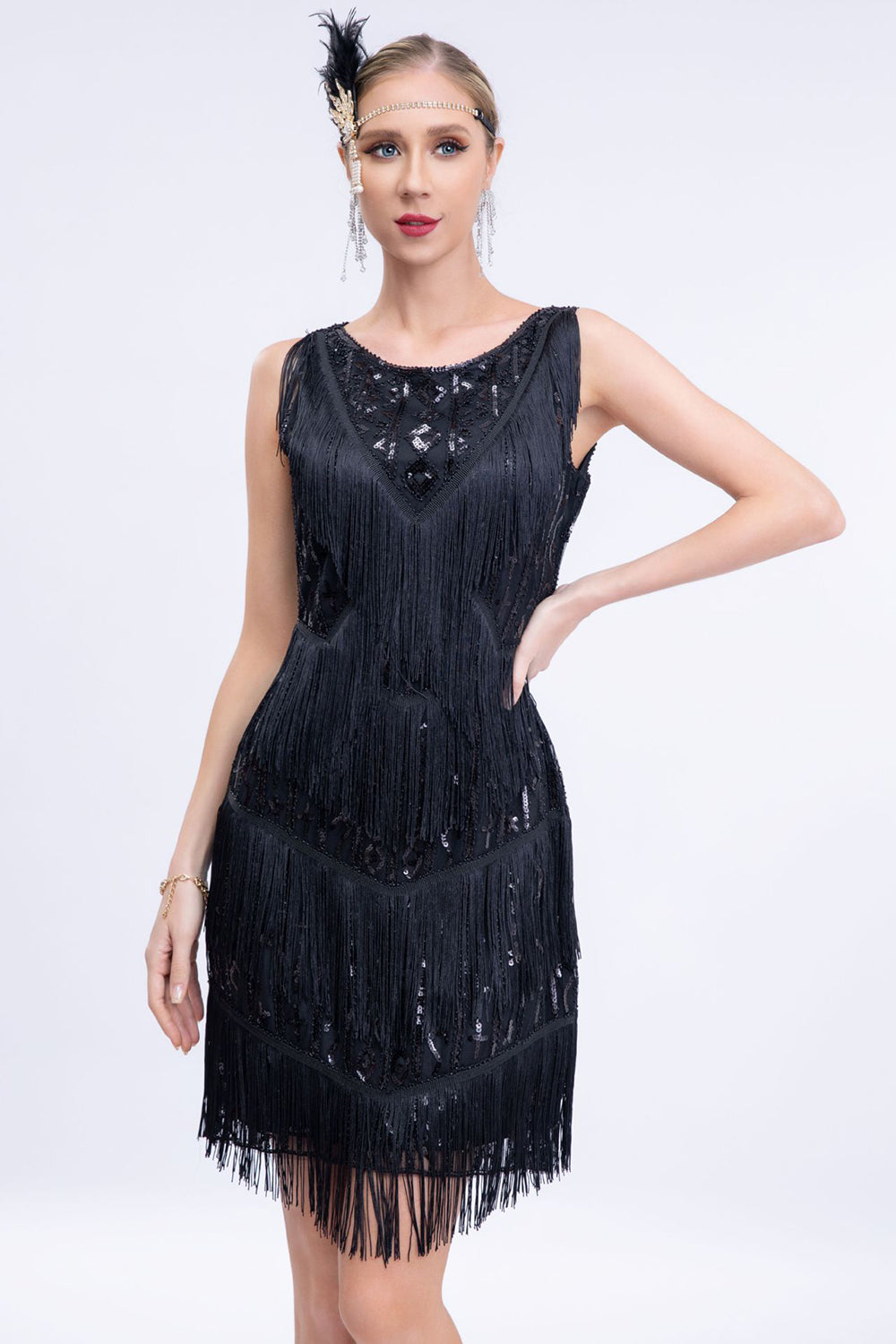 Black Sleeveless Sequins Fringes Flapper Gatsby Dress