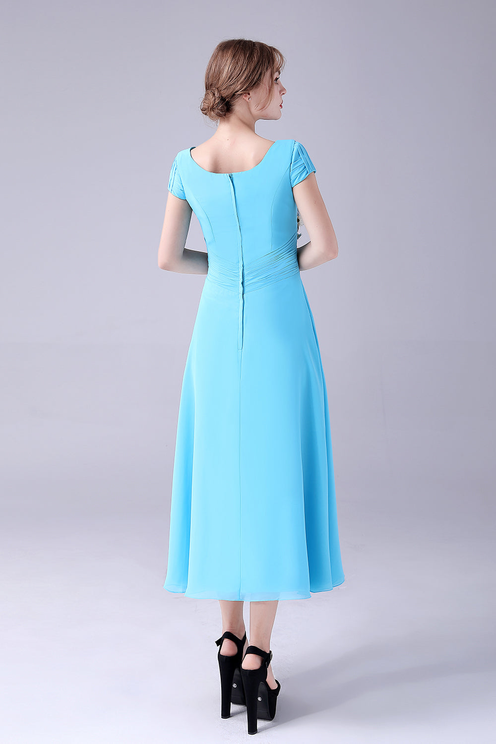 Sky Blue A-Line Square Neck Pleated Mother Of the Bride Dress