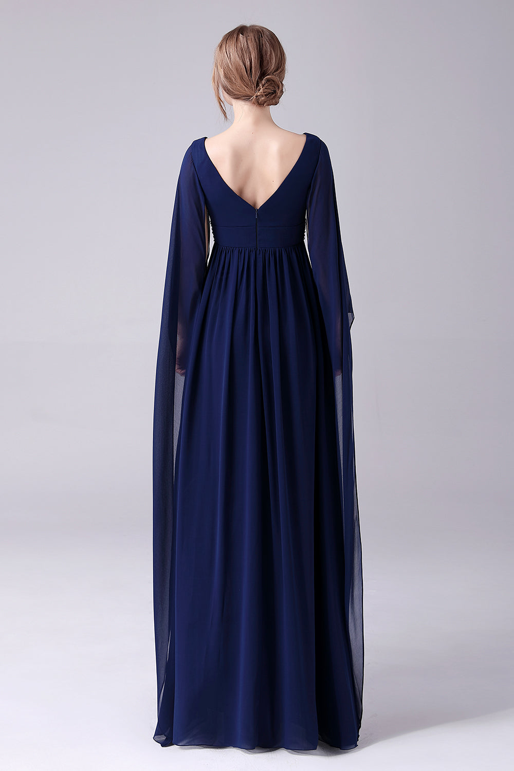 Navy A-Line V-Neck Chiffon Pleated Long Mother Of the Bride Dress Long Sleeves