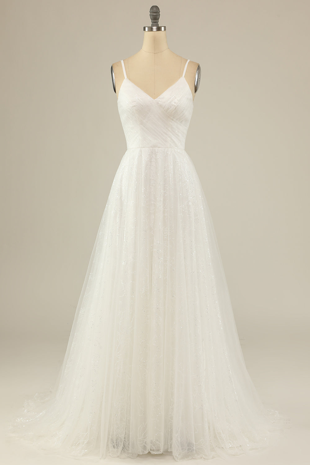 White A Line Spaghetti Straps Tulle Floor-Length Wedding Dress