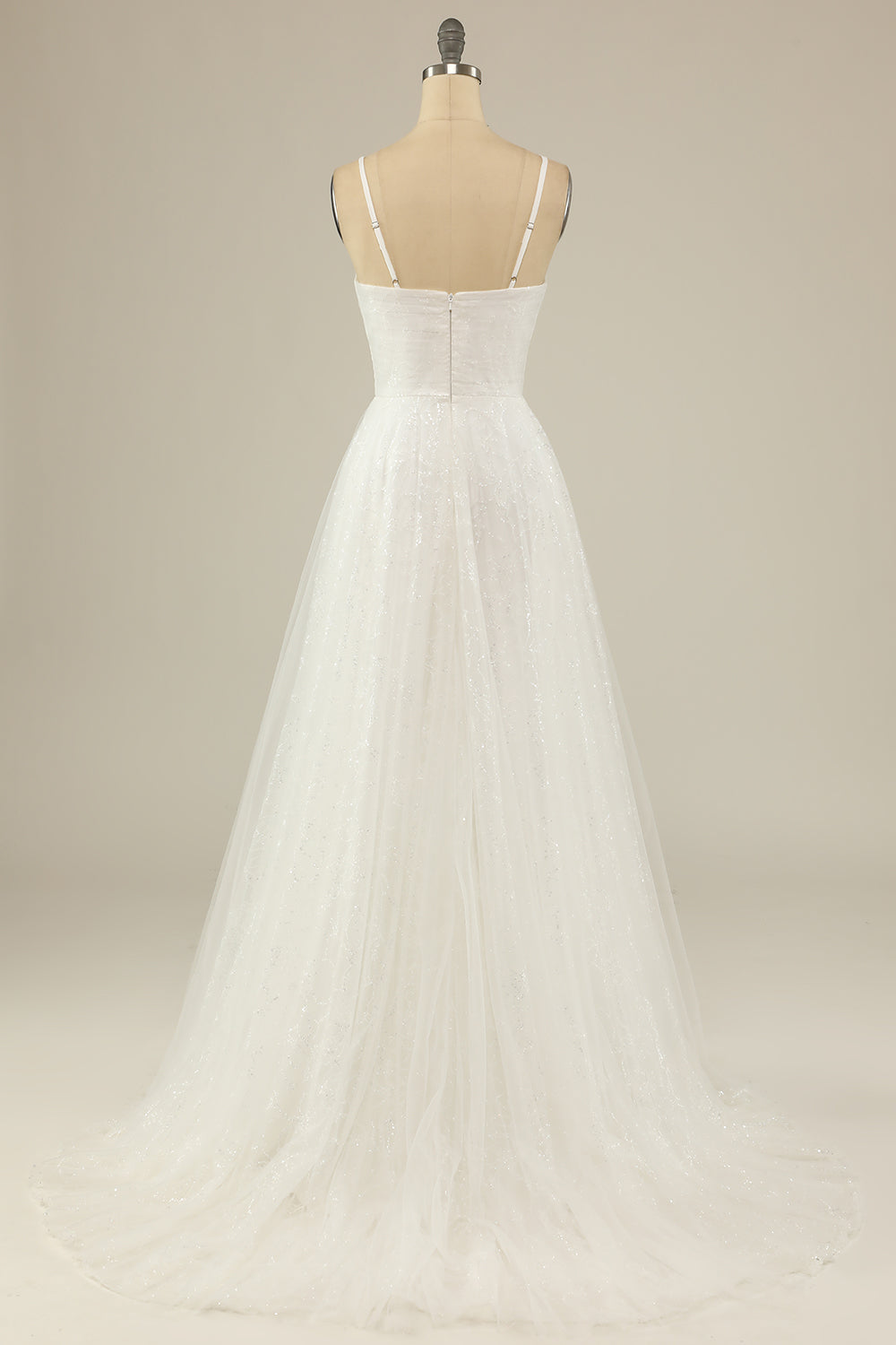 White A Line Spaghetti Straps Tulle Floor-Length Wedding Dress