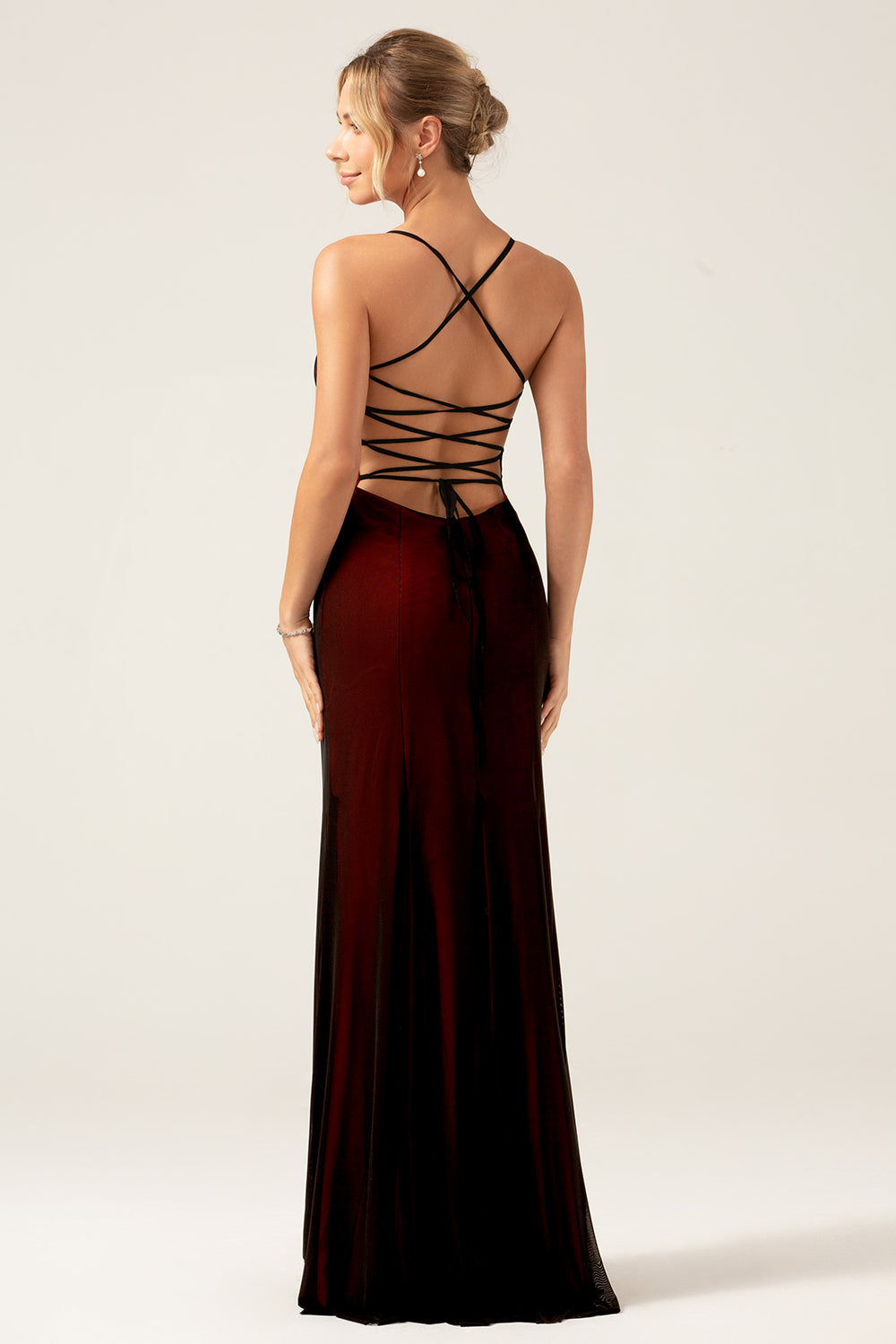 Sheath Spaghetti Straps Backless Floor Length Black Red Bridesmaid Dress