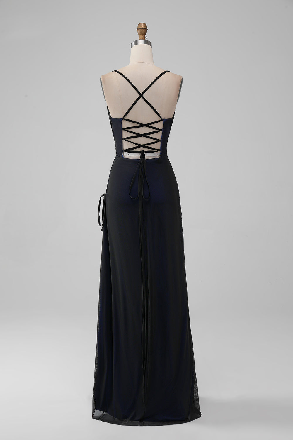 Black Blue Sheath Spaghetti Straps Floor Length Bridesmaid Dress