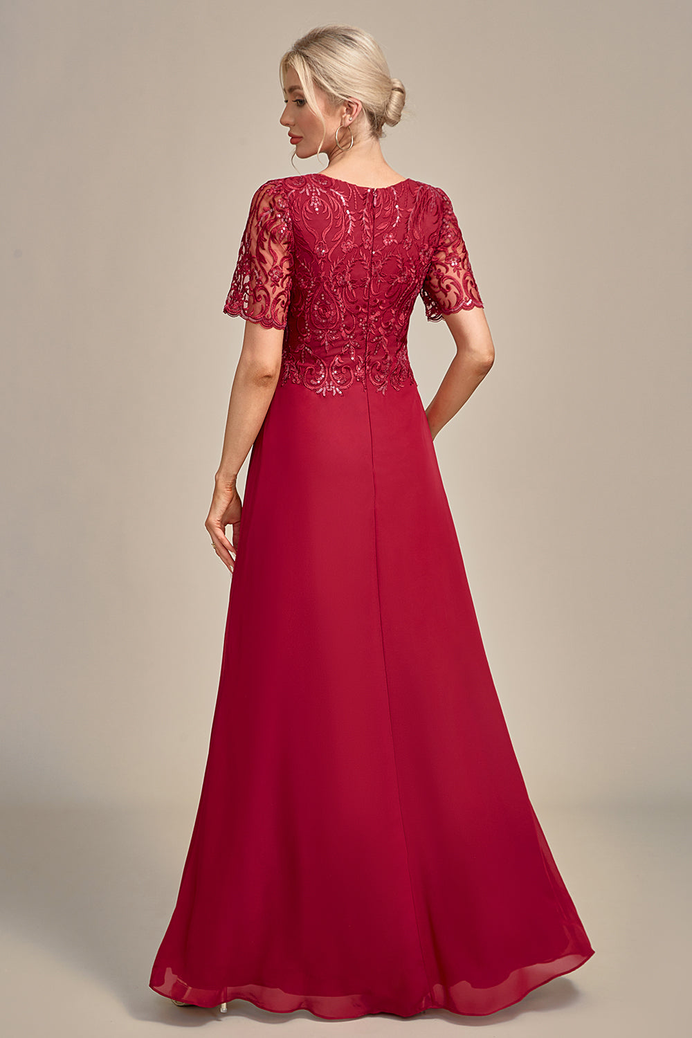 Burgundy A Line Round Neck Sequin Mother of Bride Dress With Appliques