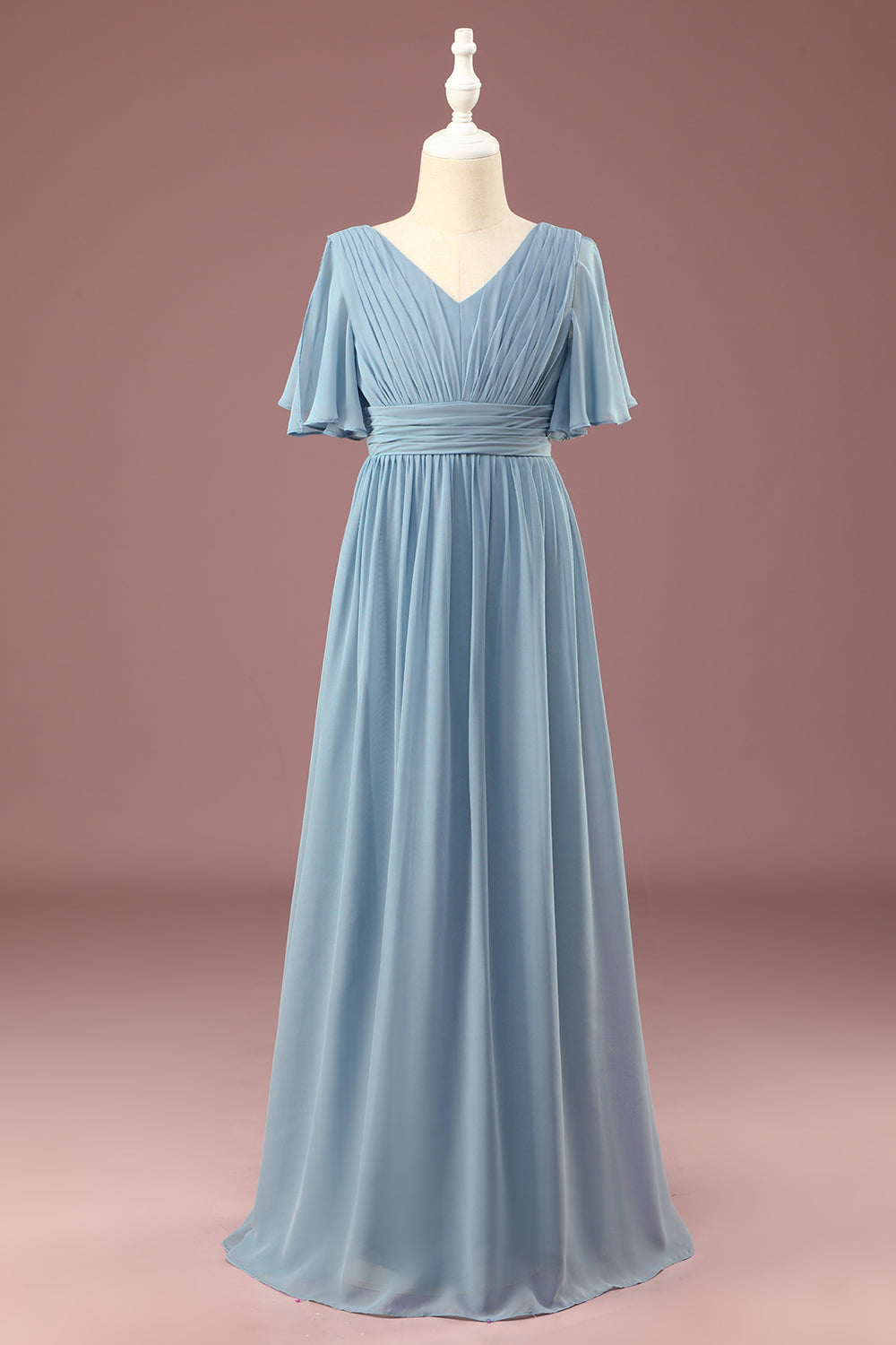 A-line V-neck Floor Length Short Sleeves Chiffon Junior Bridesmaid Dress