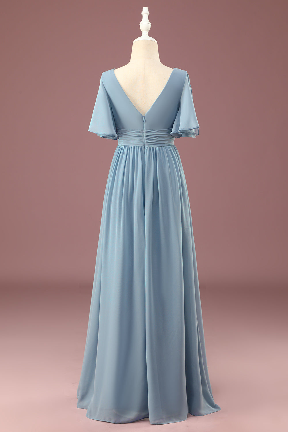 A-line V-neck Floor Length Short Sleeves Chiffon Junior Bridesmaid Dress