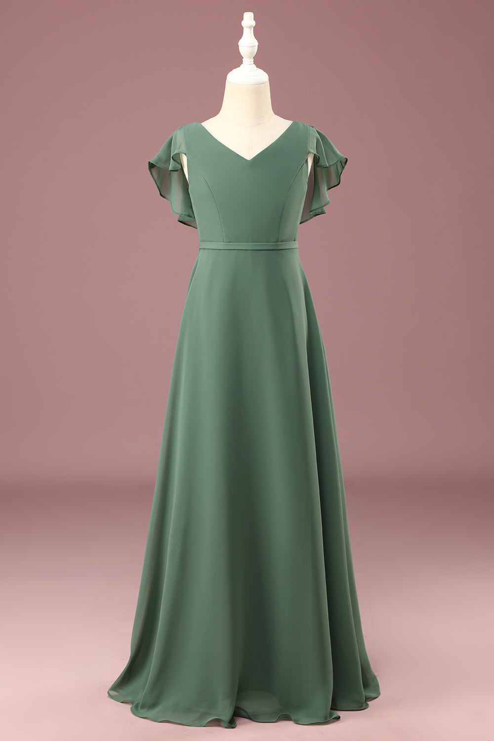 A-line Eucalyptus V-Neck Chiffon Junior Bridesmaid Dress With Cap Sleeve