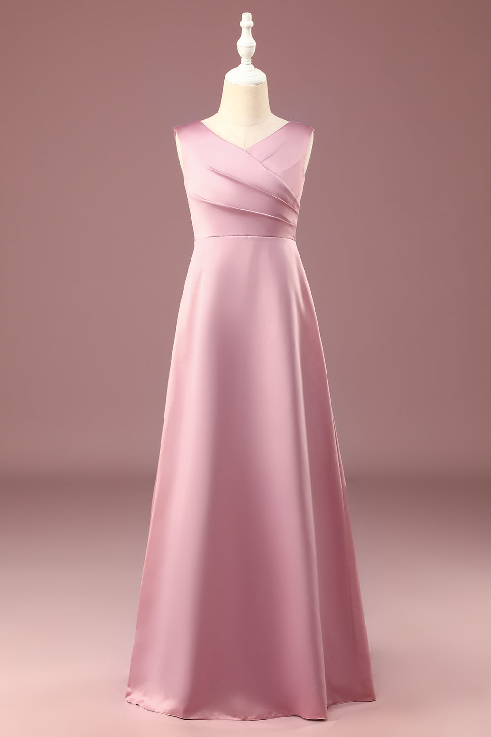 Dusty Rose A-line V-Neck Pleated Long Satin Junior Bridesmaid Dress