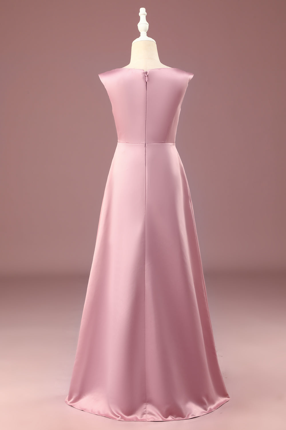 Dusty Rose A-line V-Neck Pleated Long Satin Junior Bridesmaid Dress