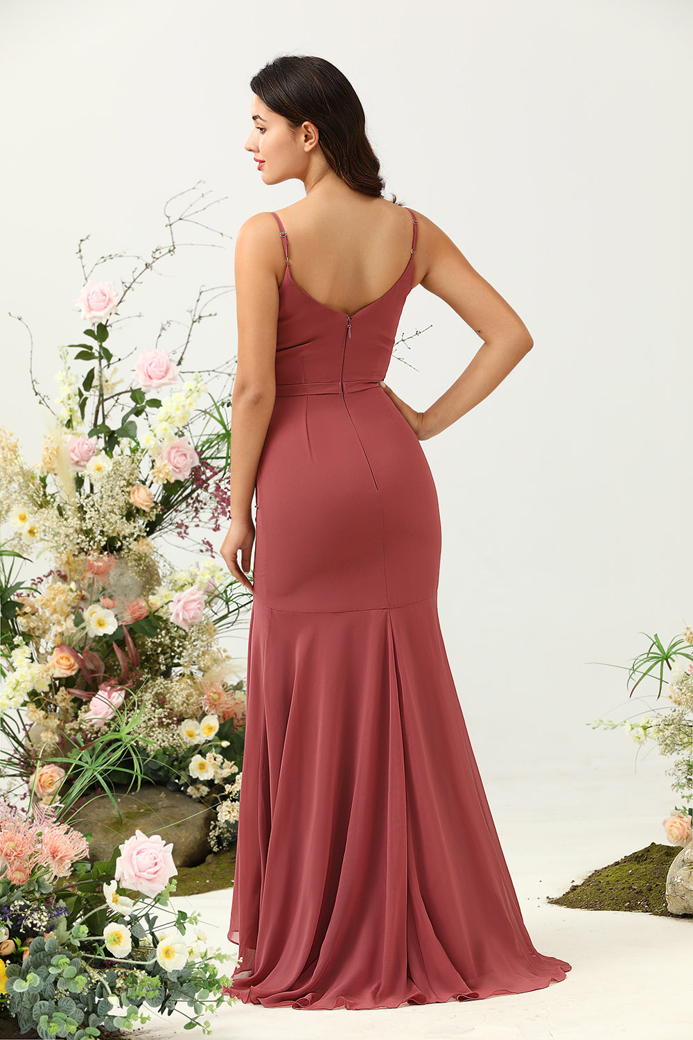 Desert Rose Mermaid Spaghetti Straps Asymmetrical Chiffon Bridesmaid Dress