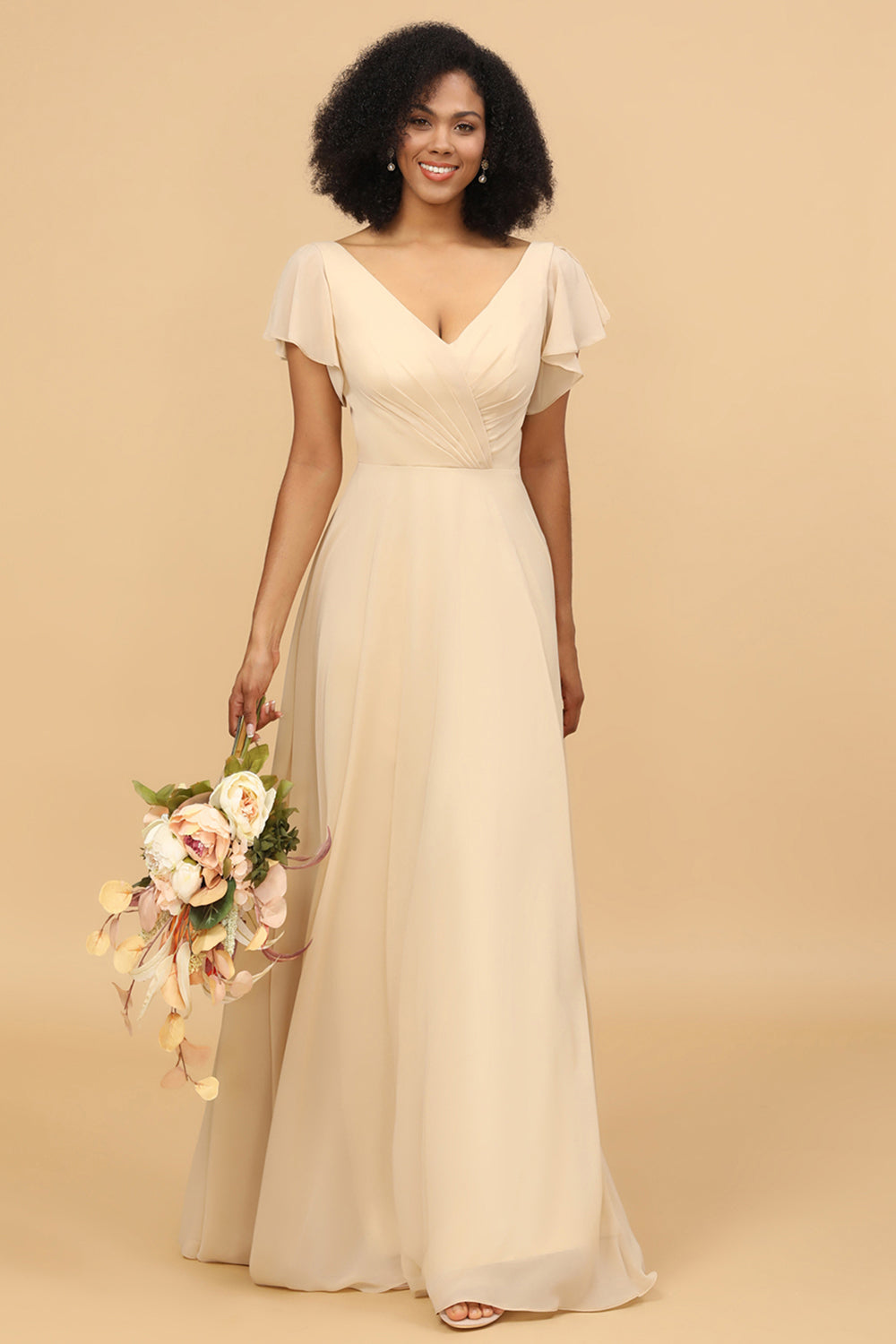 V-Neck Cape Long Floor Length Chiffon Bridesmaid Dress