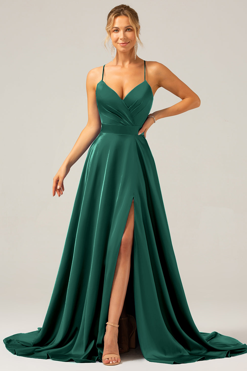 Dark Green A Line Spaghetti Straps Pleated Satin Maxi Dress with Slit