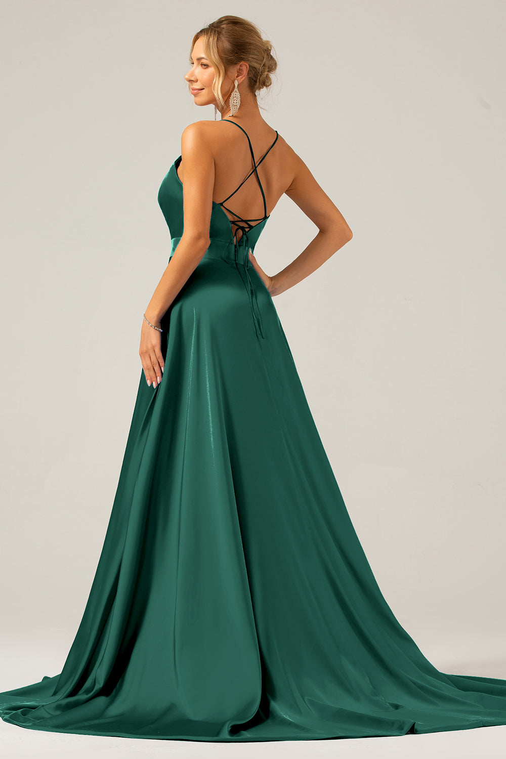 Dark Green A Line Spaghetti Straps Pleated Satin Maxi Dress with Slit