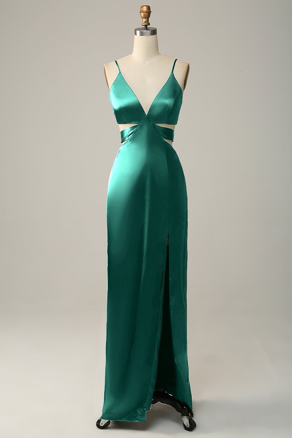 Dark Green Sheath Spaghetti Straps Cut Out Satin Long Bridesmaid Dress