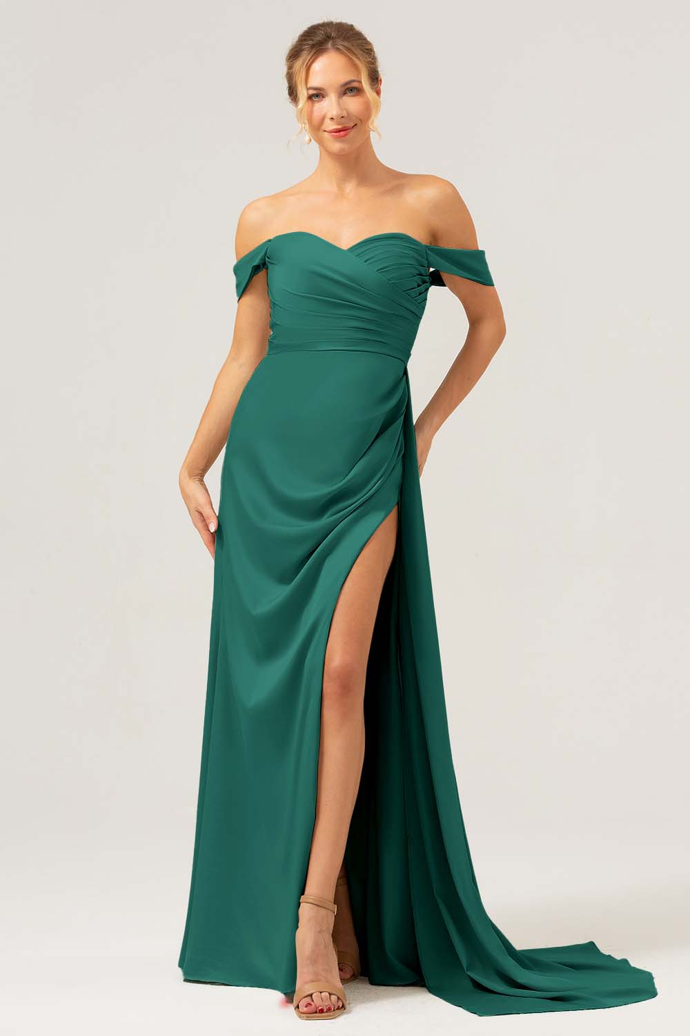 Stylish Dark Green Mermaid Off The Shoulder Pleated Satin Long Bridesmaid Dress with Slit