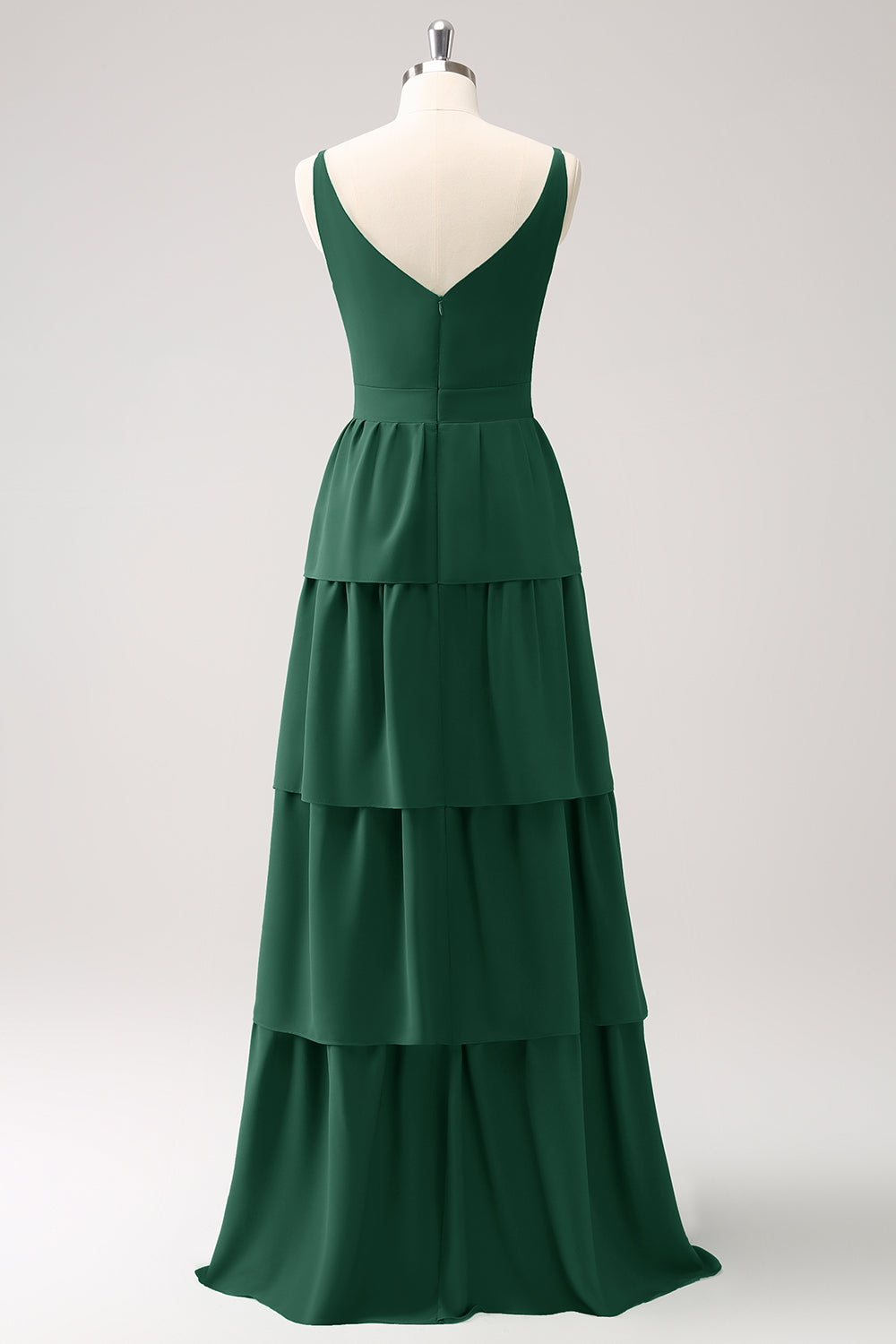 Dark Green A Line V Neck Tiered Ruched Long Bridesmaid Dress