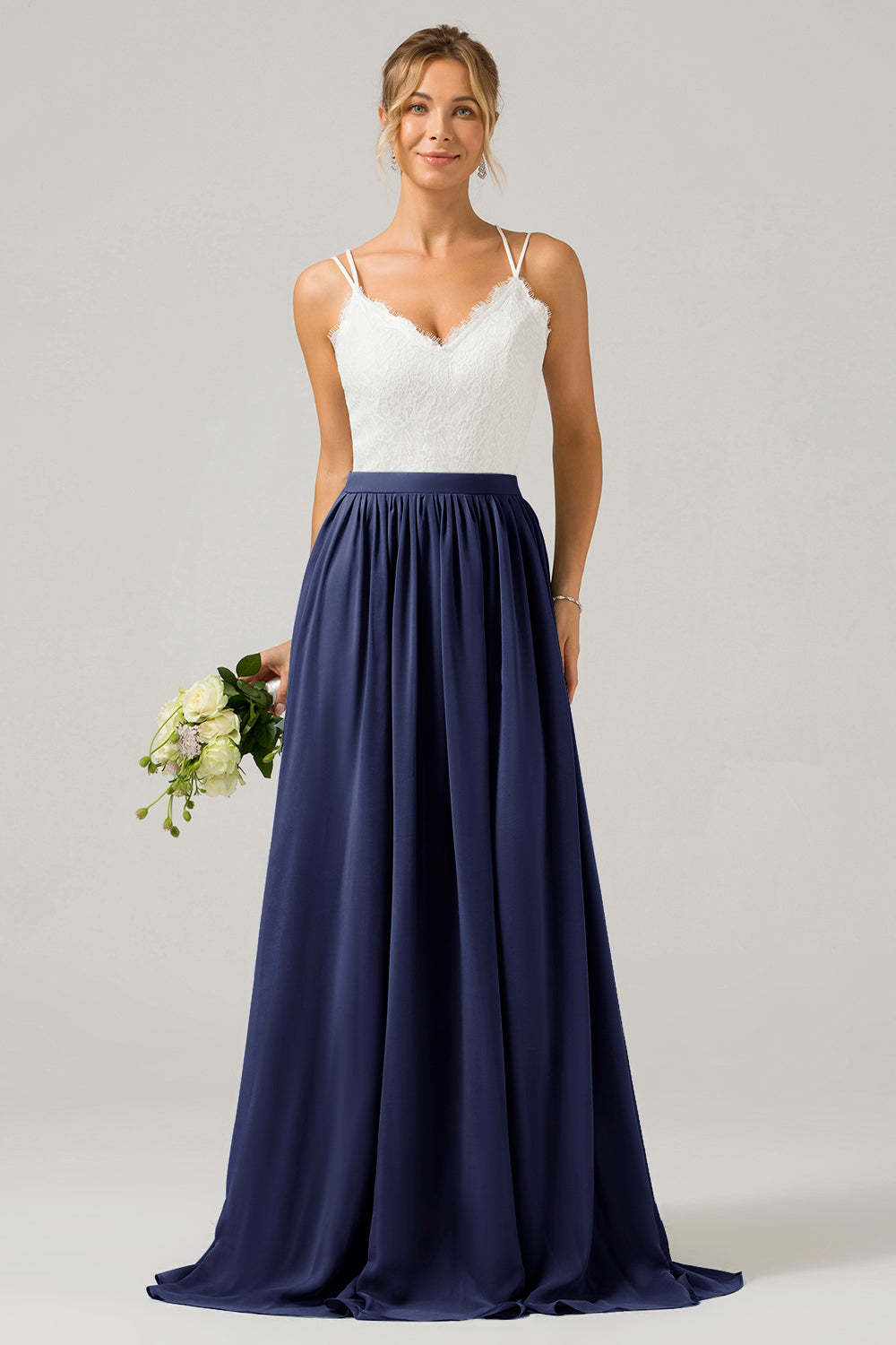 A-Line Spaghetti Straps Pleated Long Bridesmaid Dress With Lace