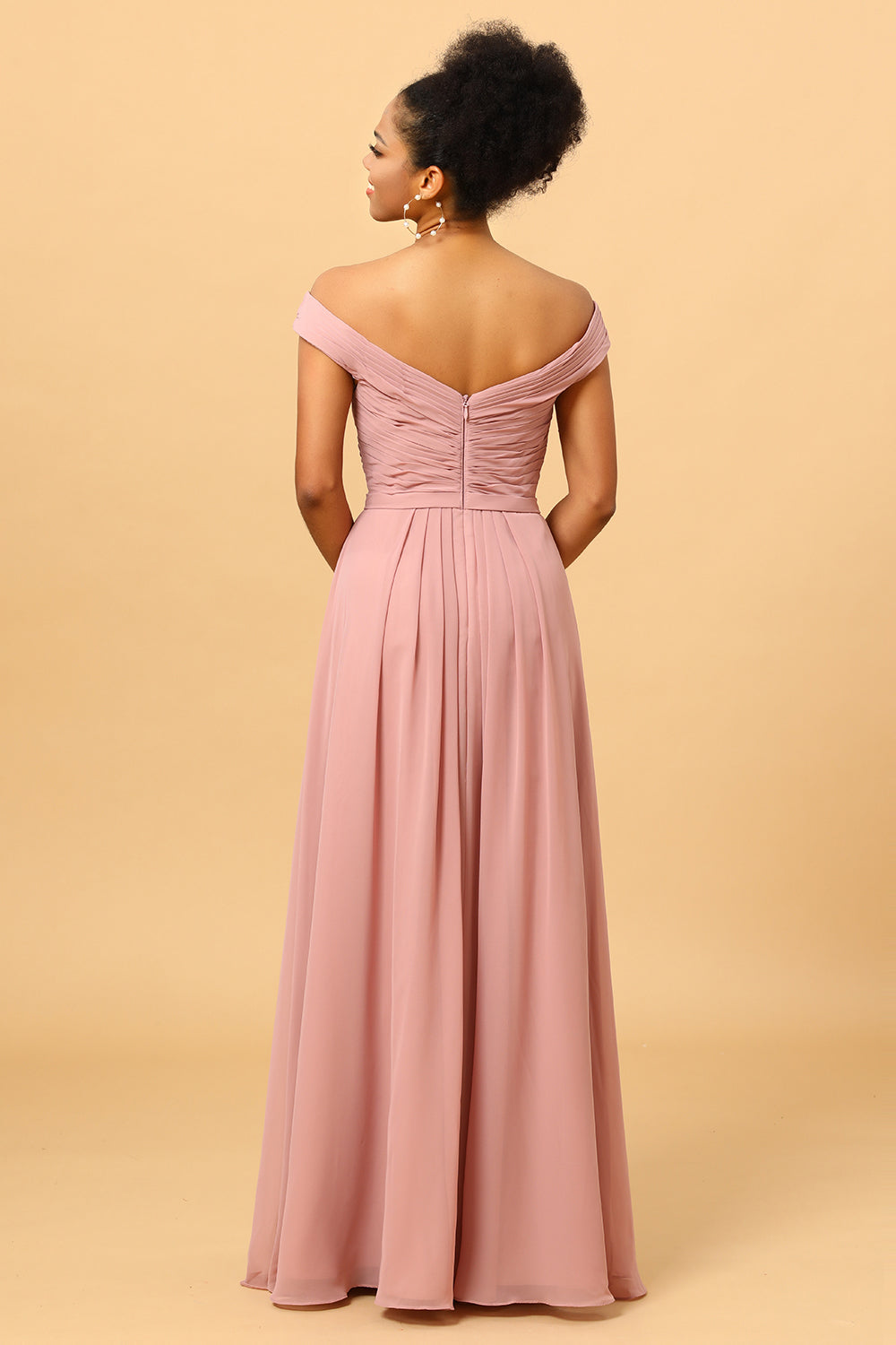 A Line Off the Shoulder Ruched Long Chiffon Bridesmaid Dress with Slit