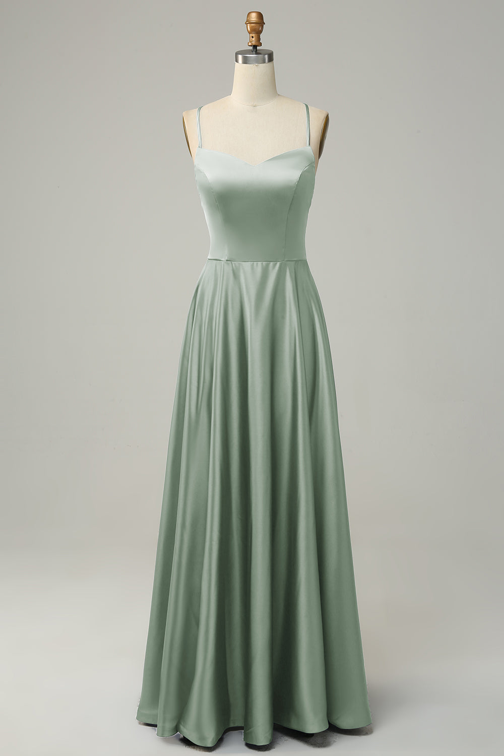 Dusty Sage A Line Spaghetti Straps Backless Satin Bridesmaid Dress