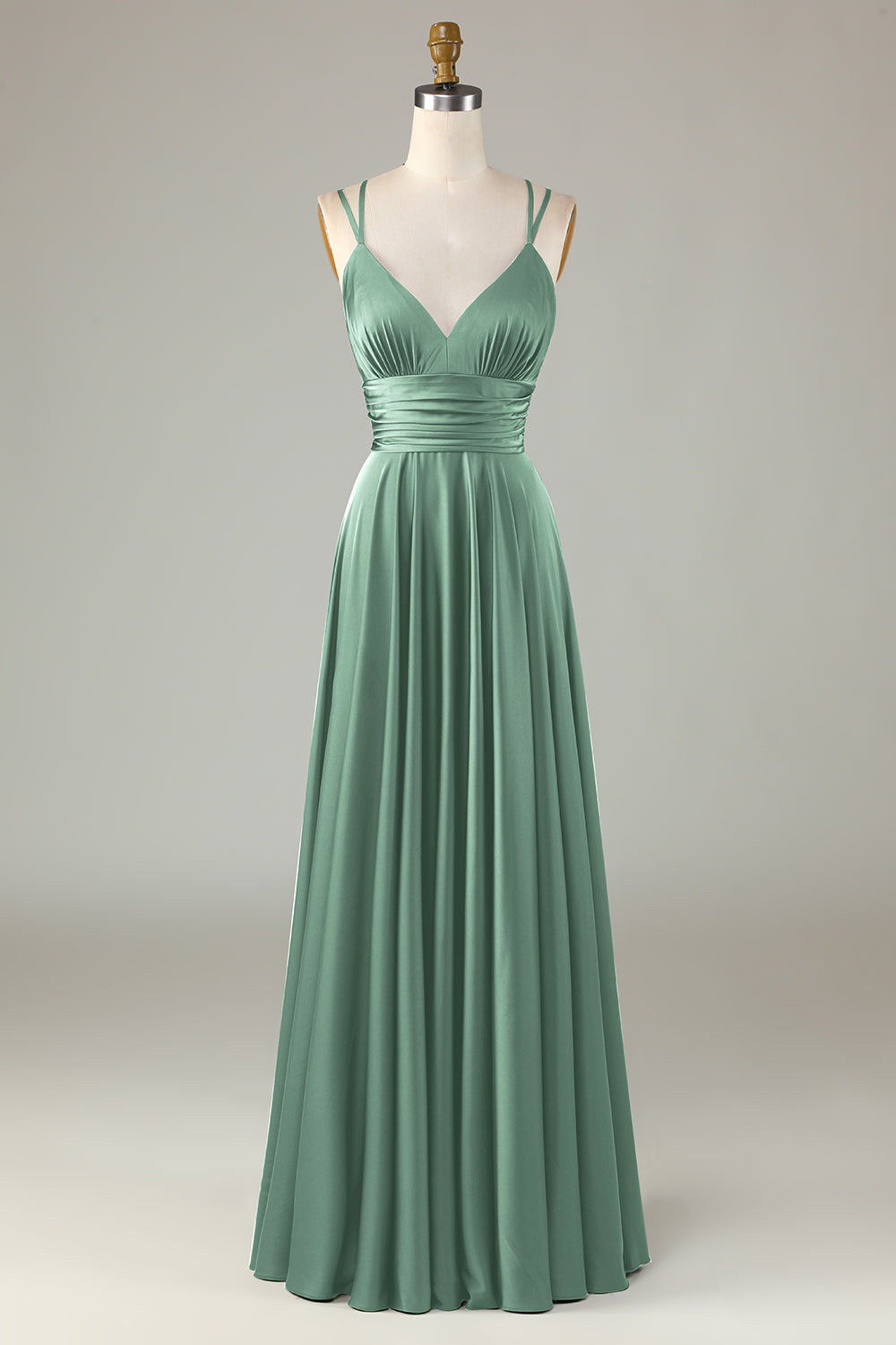 Eucalyptus A Line Spaghetti Straps Floor-Length Satin Bridesmaid Dress