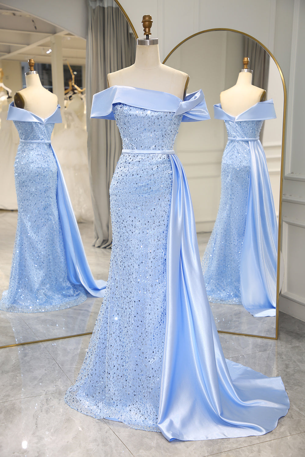 Sparkly Light Blue Long Sequin Strapless Prom Dress With Slit