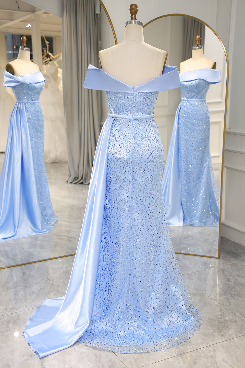 Sparkly Light Blue Long Sequin Strapless Prom Dress With Slit