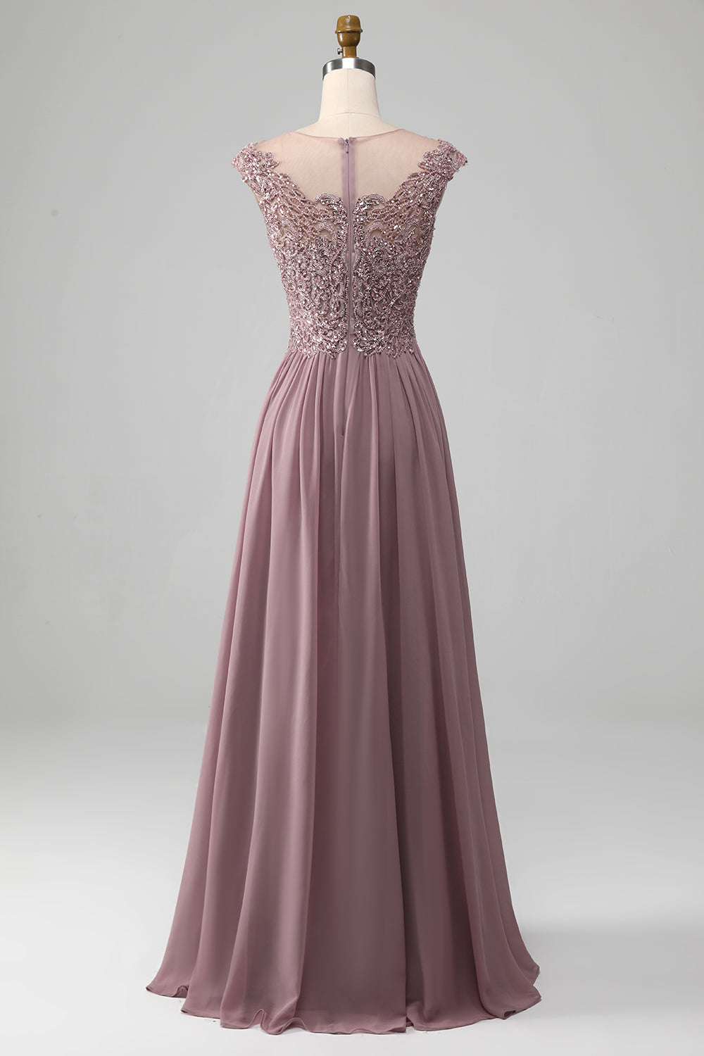 Blush A-Line Round Neck Pleated Sparkly Sequin Prom Dress With Beading