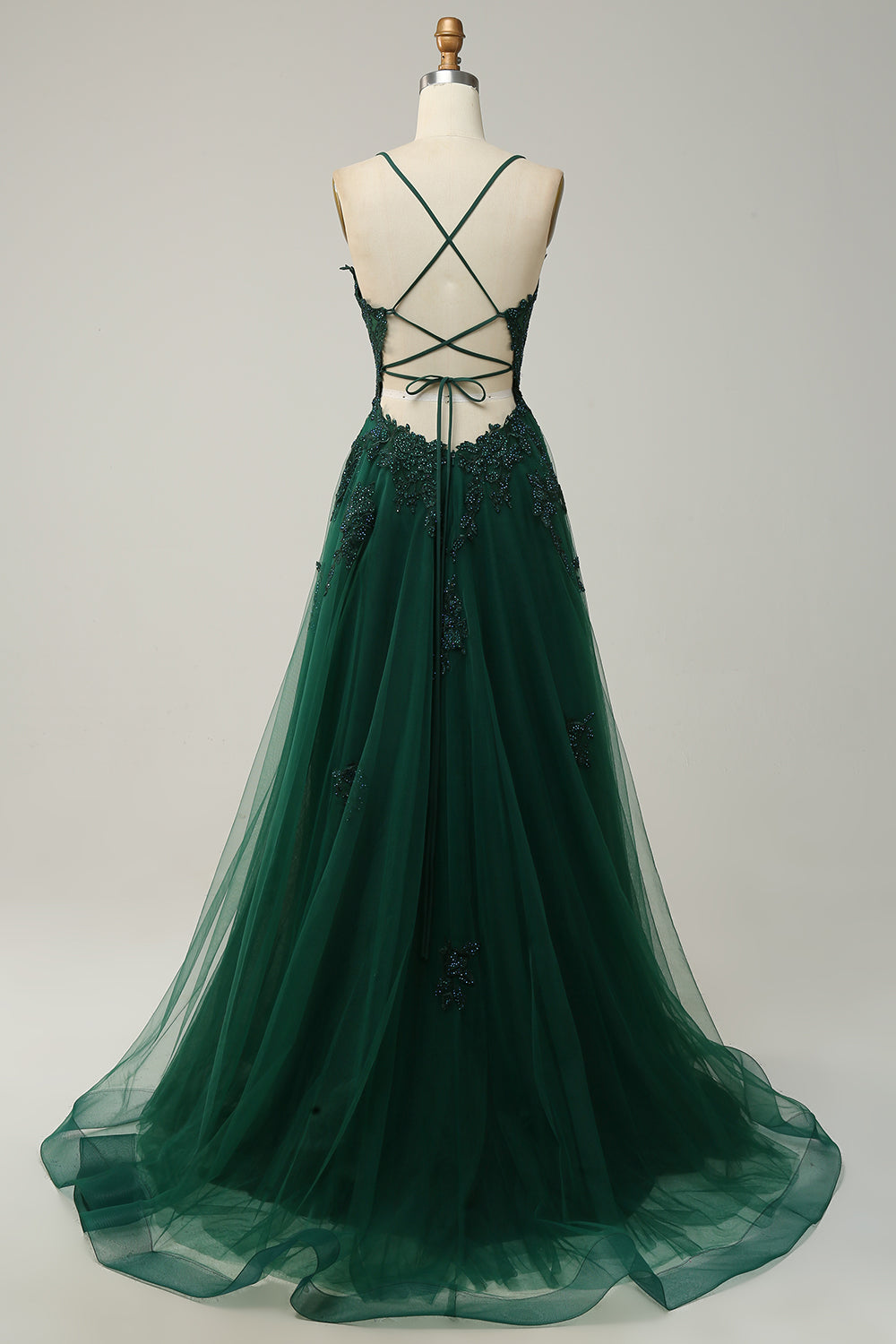 A Line Spaghetti Straps Long Dark Green Prom Dress with Criss Cross Back